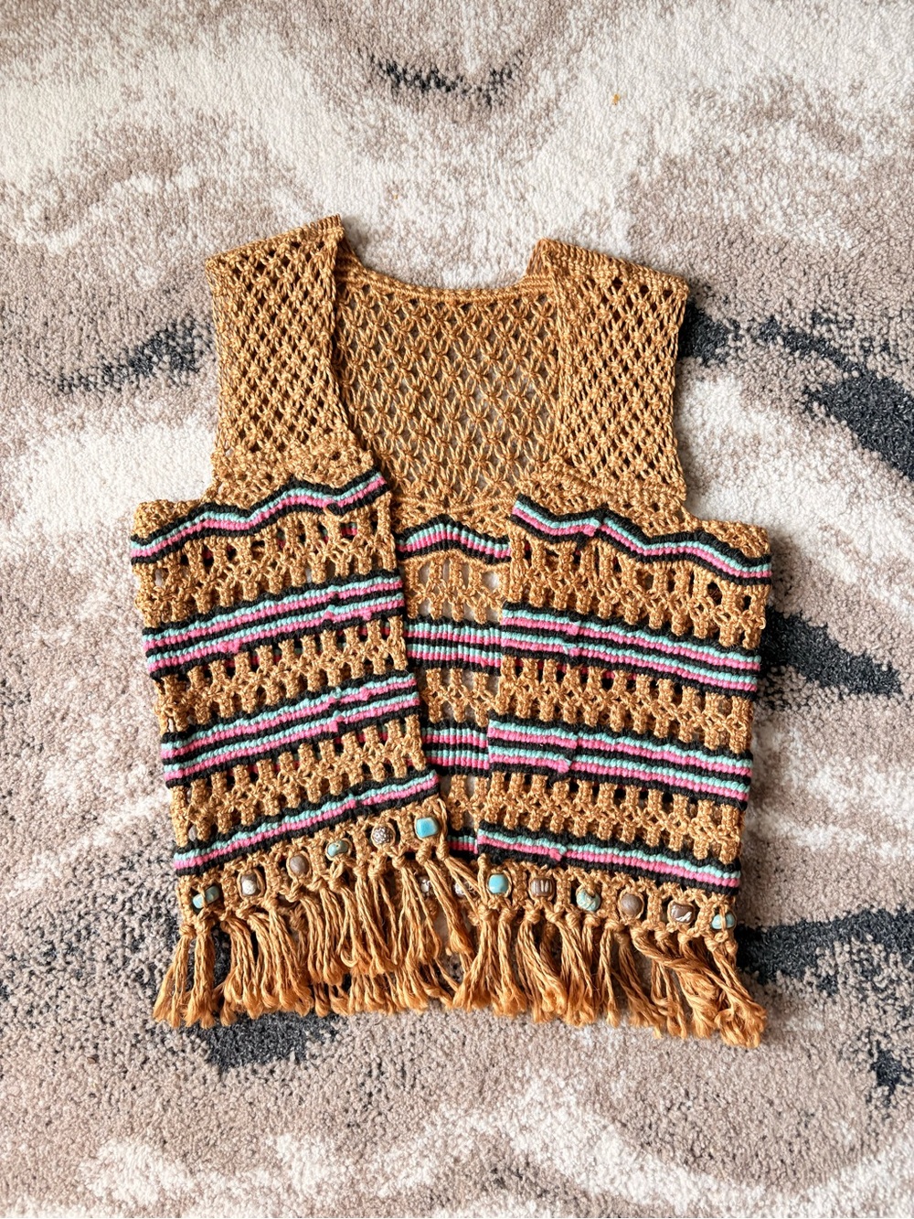 Handcrafted Crochet Vest - Mustard Stripe Fringe